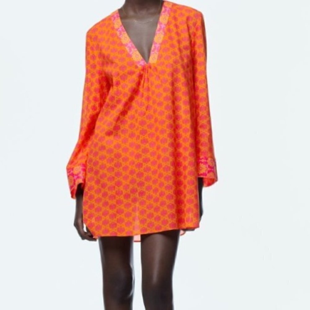 Zara Women's Pink and Orange Print Dress Long Sleeves V-Neck Lightweight size S